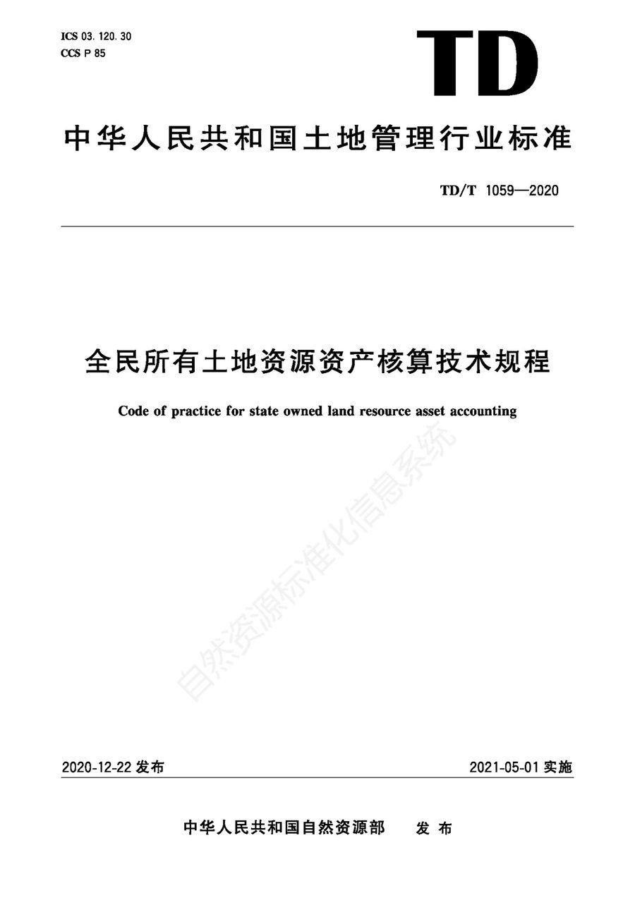 全民所有土地资源资产核算技术规程(TD/T 1059—2020 行业标准)